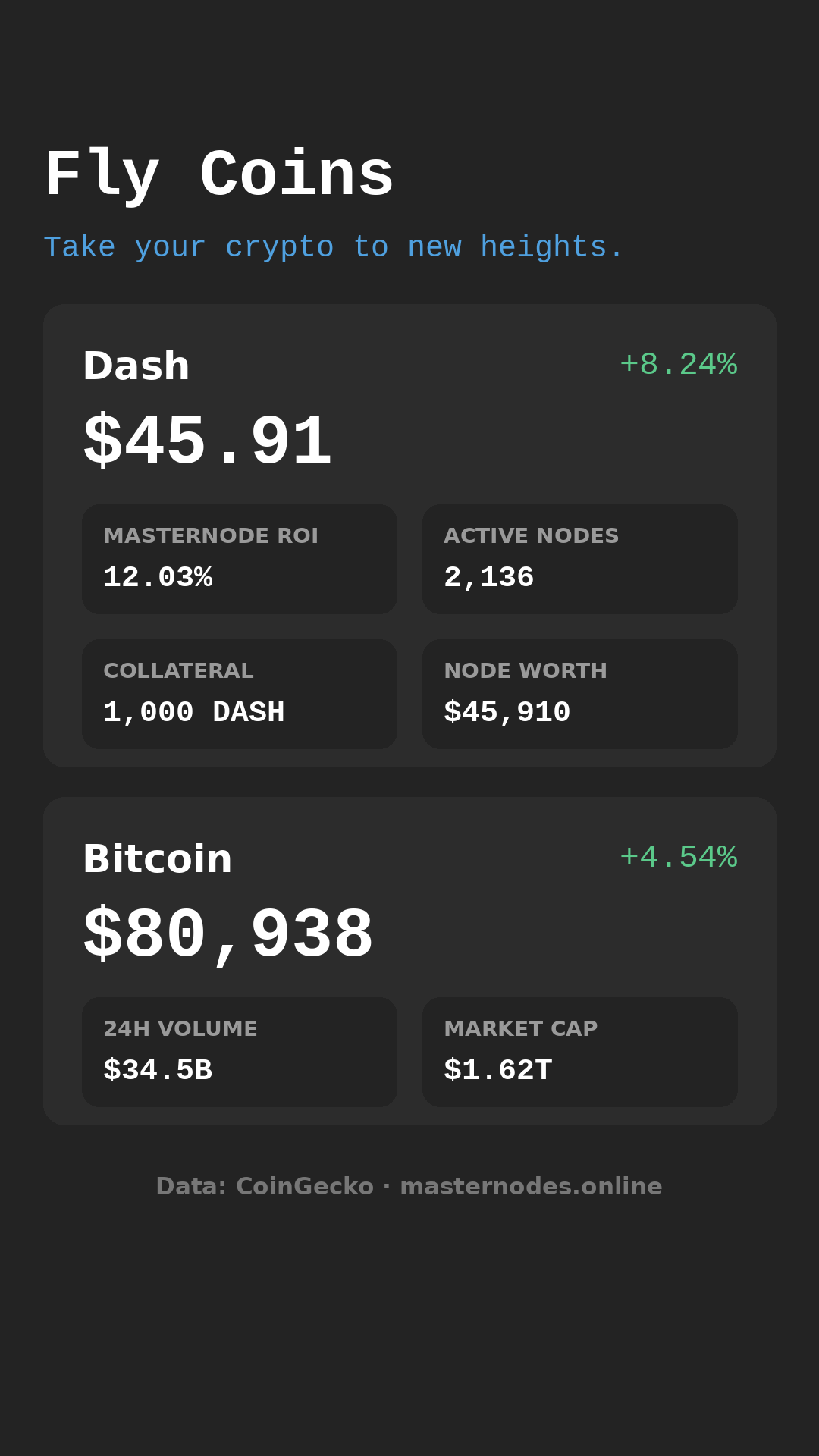 Fly Coins app — live tracker